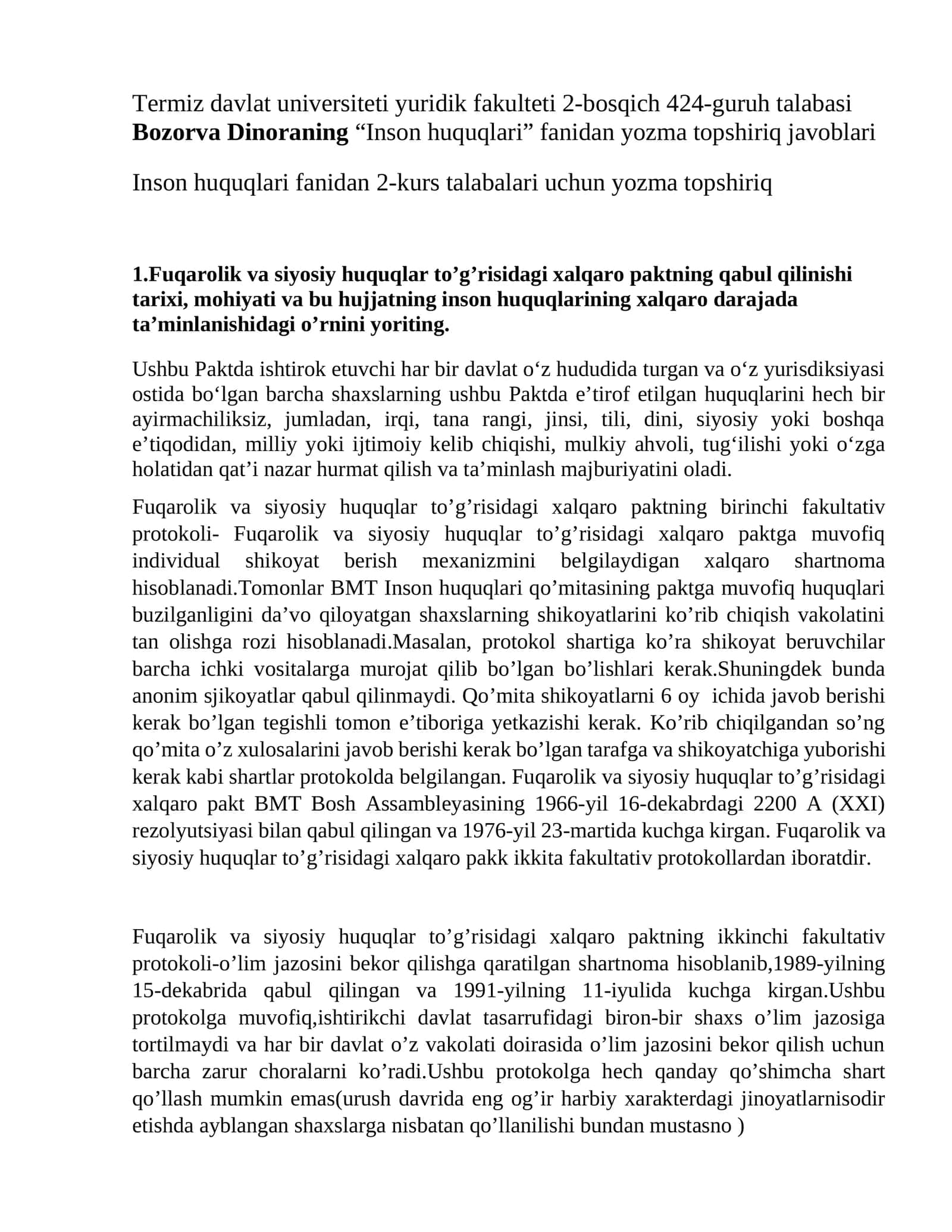 "Inson huquqlari fanidan yozma topshiriq javoblari" 1