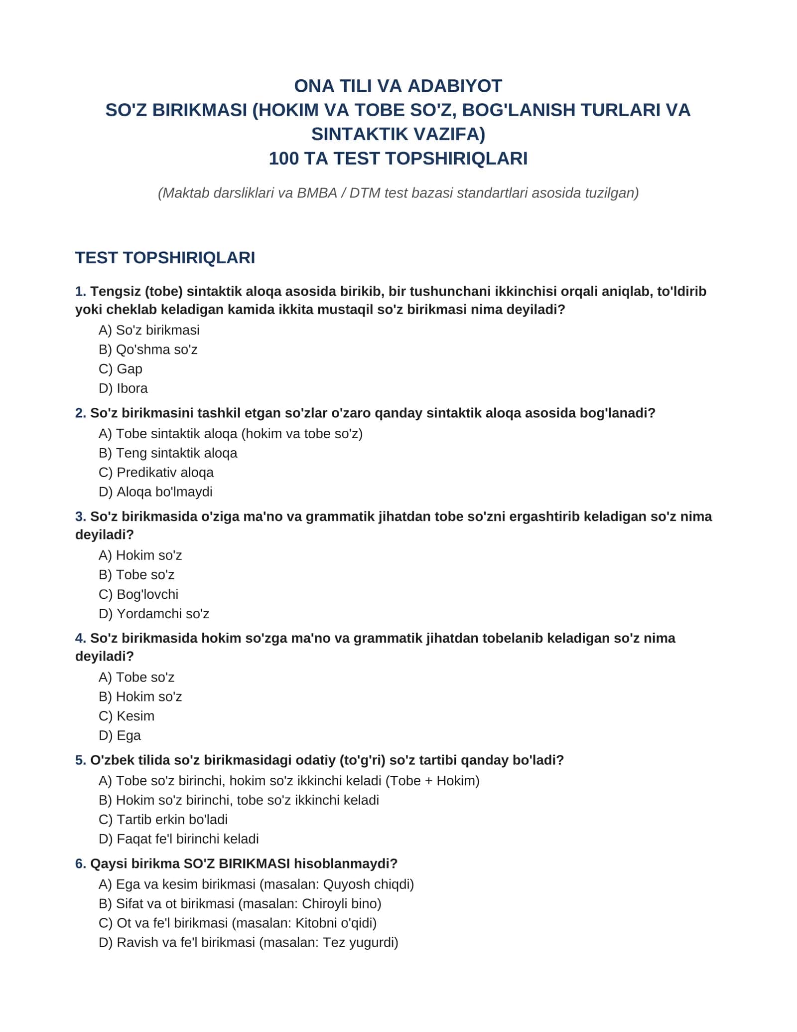 So'z birikmasi mavzusida 100 talik javoblar kaliti bilan test(ona tili) 1