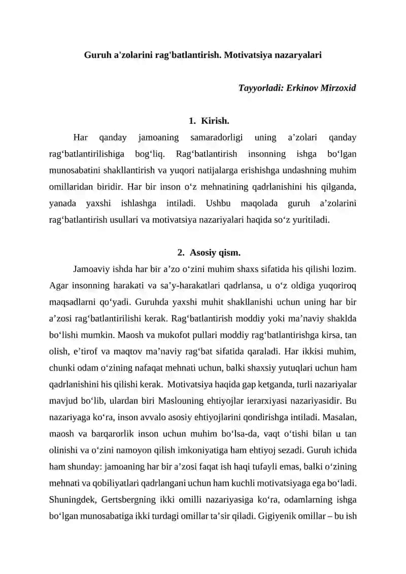 Guruh a'zolarini rag'batlantirish. Motivatsiya nazaryalari