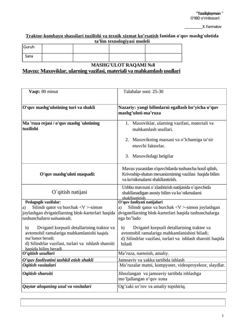 Traktor-kombayn shassilari tuzilishi va texnik xizmat ko’rsatish fаnidan o'quv mashg'ulotida ta'lim texnologiyasi modeli 1