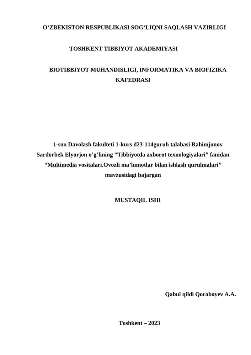 Multimedia vositalari.Ovozli ma’lumotlar bilan ishlash qurulmalari 1