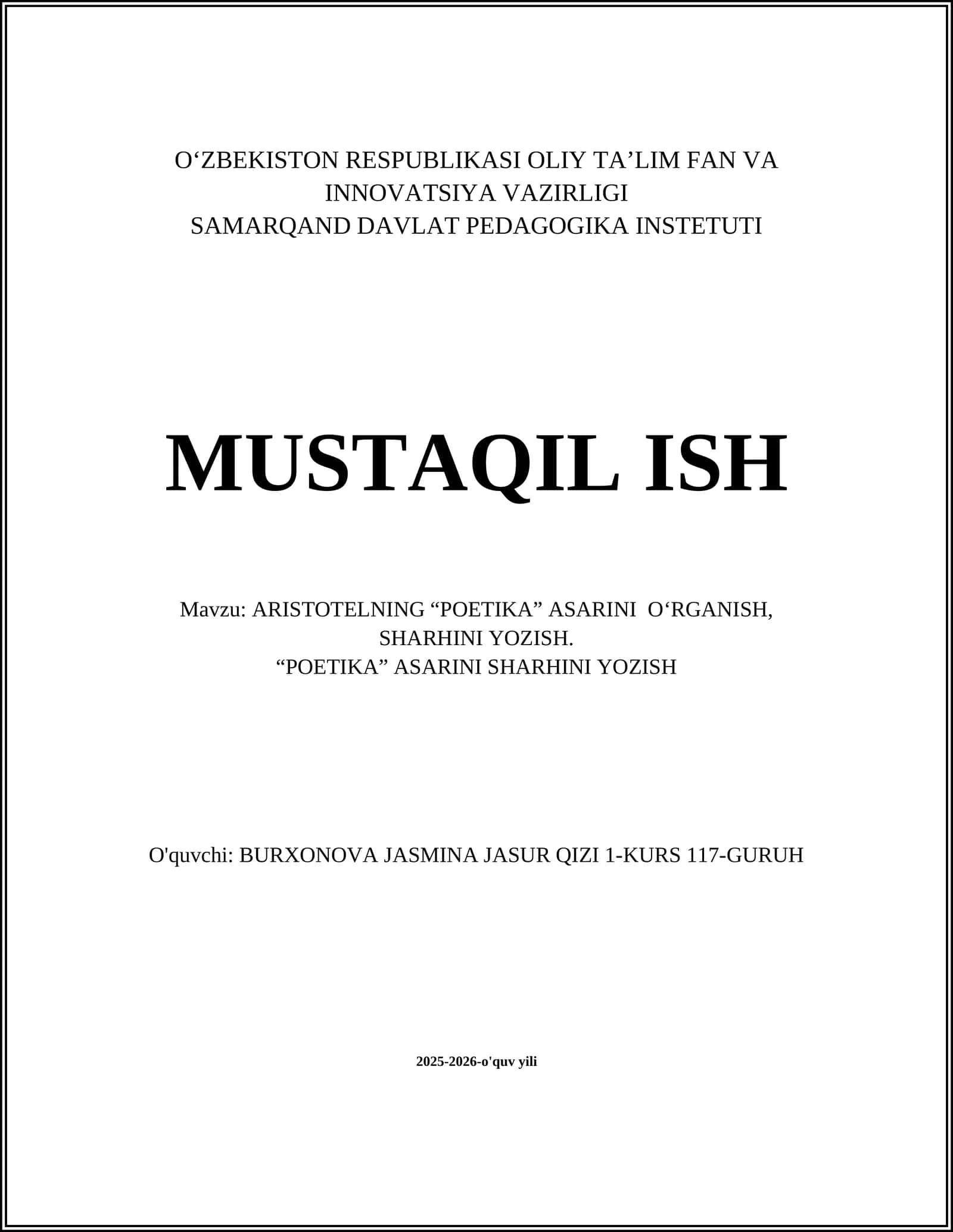 ARISTOTELNING “POETIKA” ASARINI O‘RGANISH, SHARHINI YOZISH 1