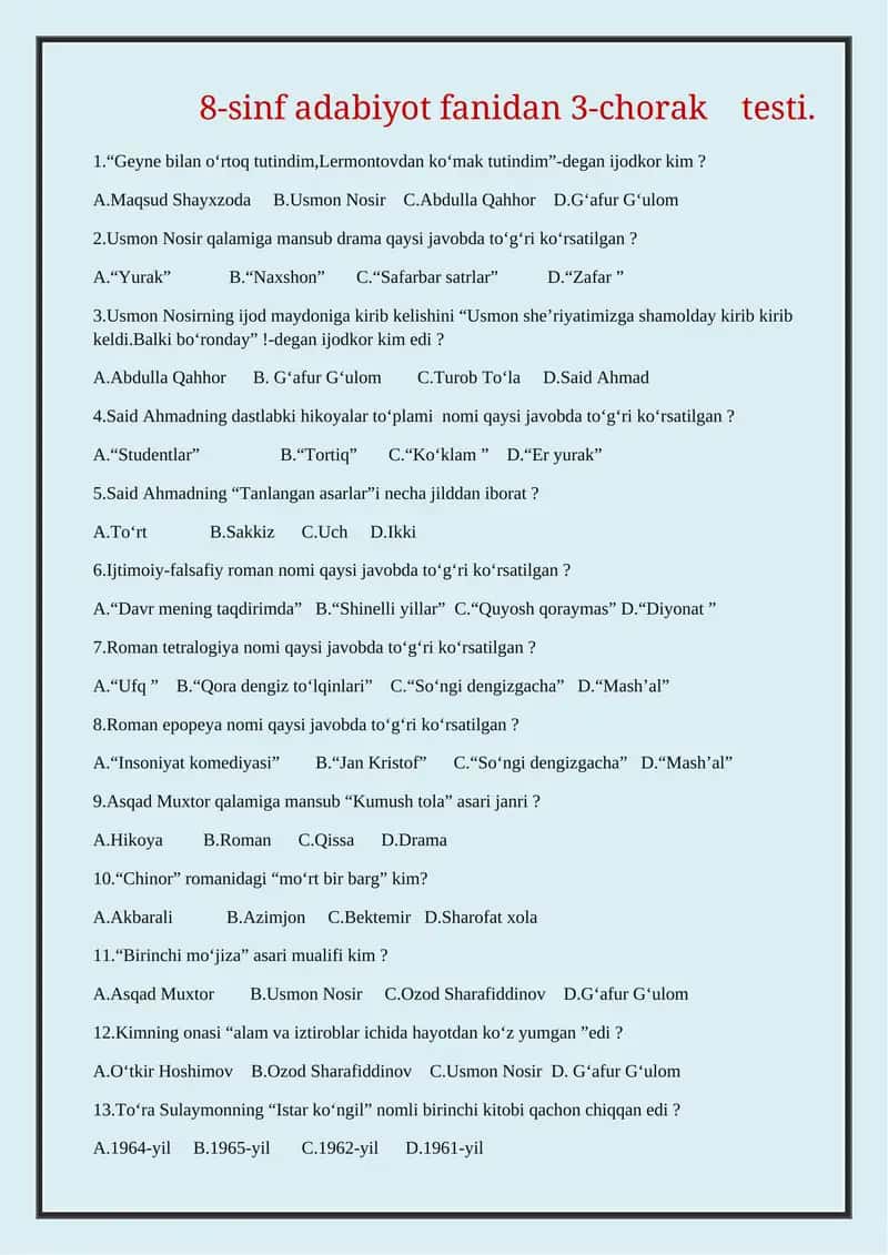 8-sinf adabiyot fanidan 3-chorak testi 1