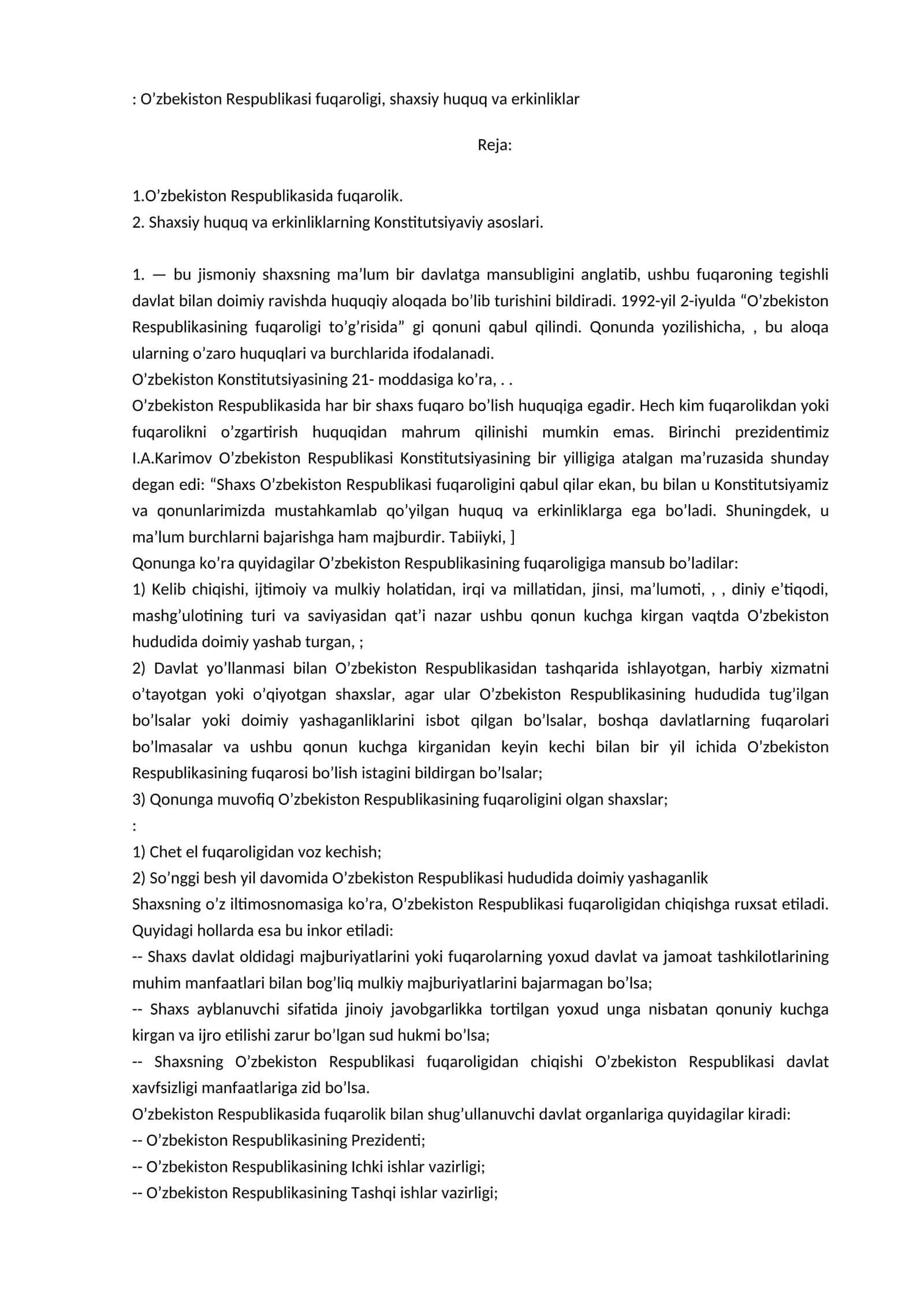 O’zbekiston Respublikasi fuqaroligi, shaxsiy huquq va erkinliklar 1