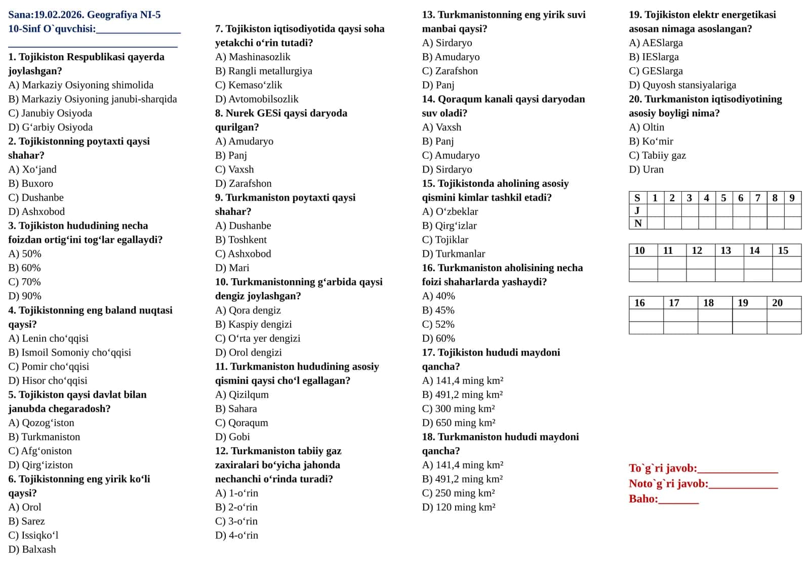 10-sinflar uchun Geografiya fanidan  Nazorat ishi-5 1