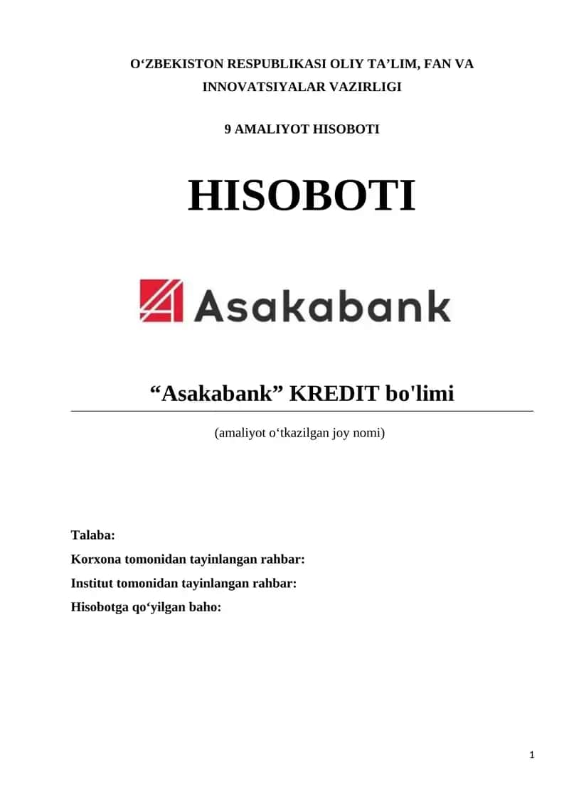Bank kredit bo'limi amaliyot hisoboti 1