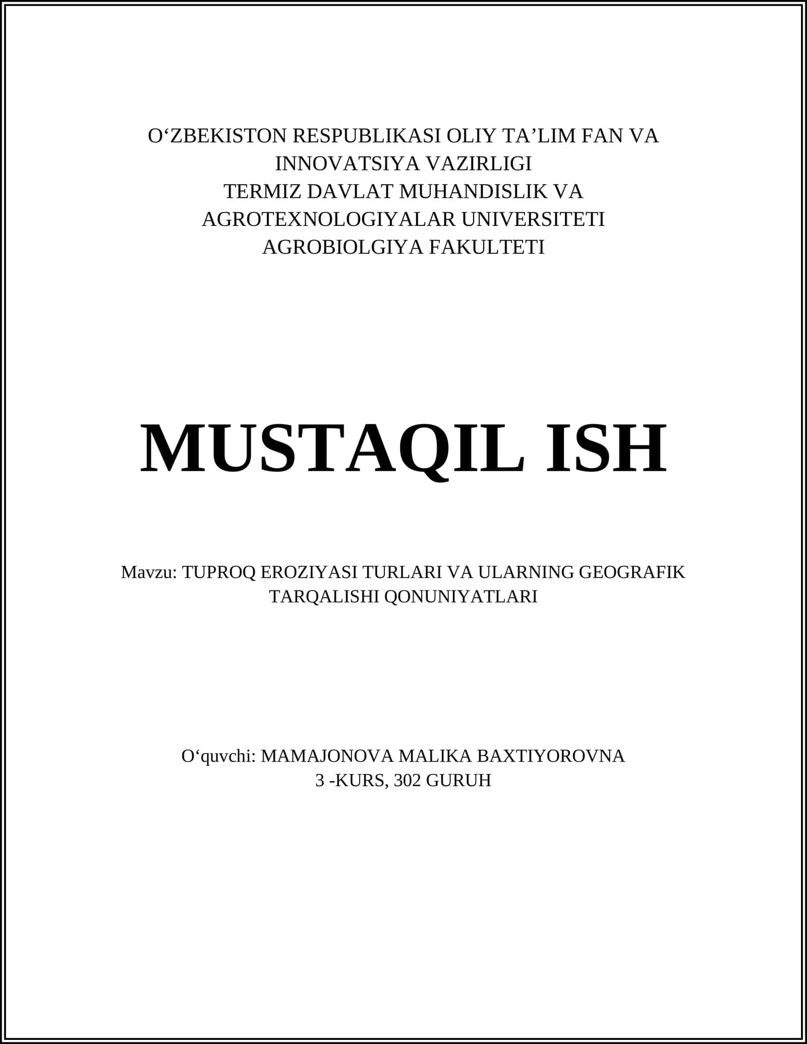 TUPROQ EROZIYASI TURLARI VA ULARNING GEOGRAFIK TARQALISHI QONUNIYATLARI 1