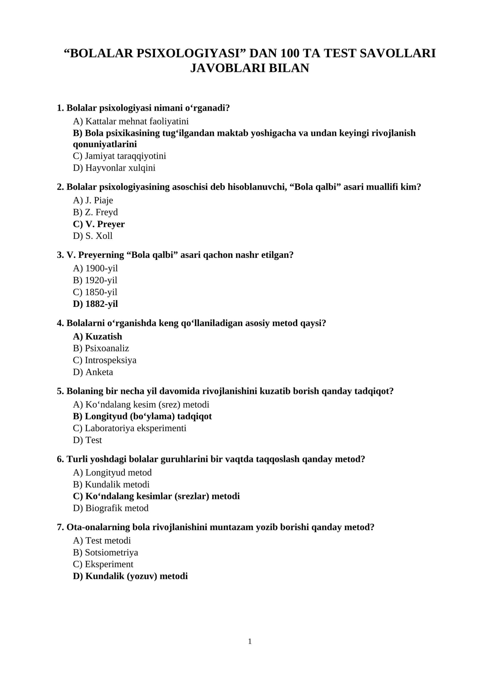 BOLALAR PSIXOLOGIYASI” DAN 100 TA TEST SAVOLLARI JAVOBLARI BILAN 1
