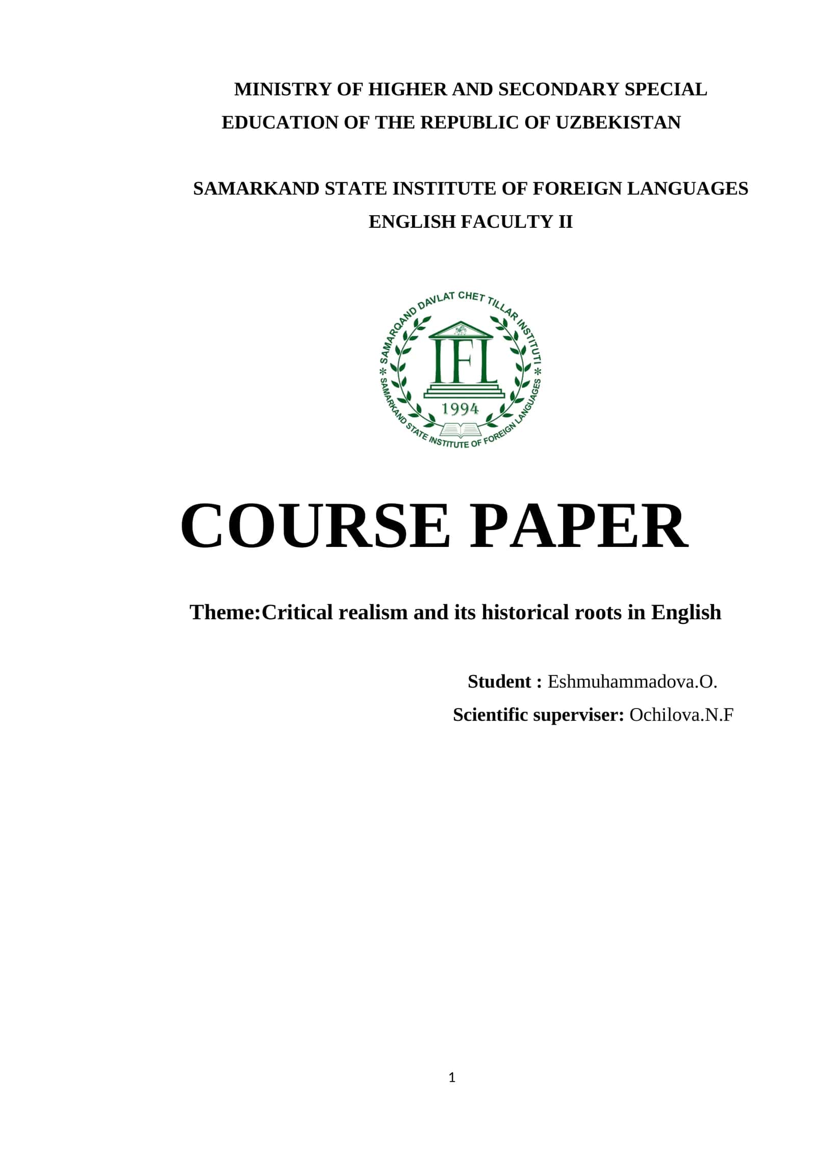 Course Paper on Critical Realism 1