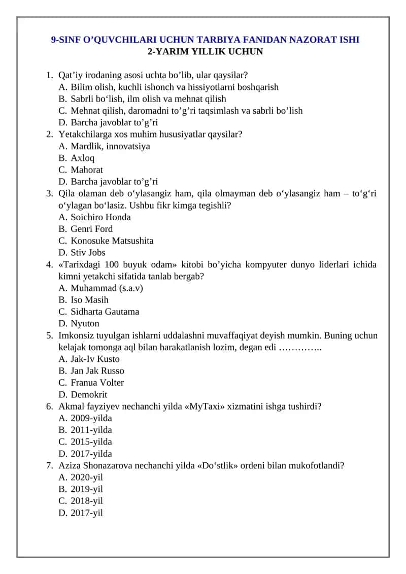 9-SINF O’QUVCHILARI UCHUN TARBIYA FANIDAN NAZORAT ISHI 1