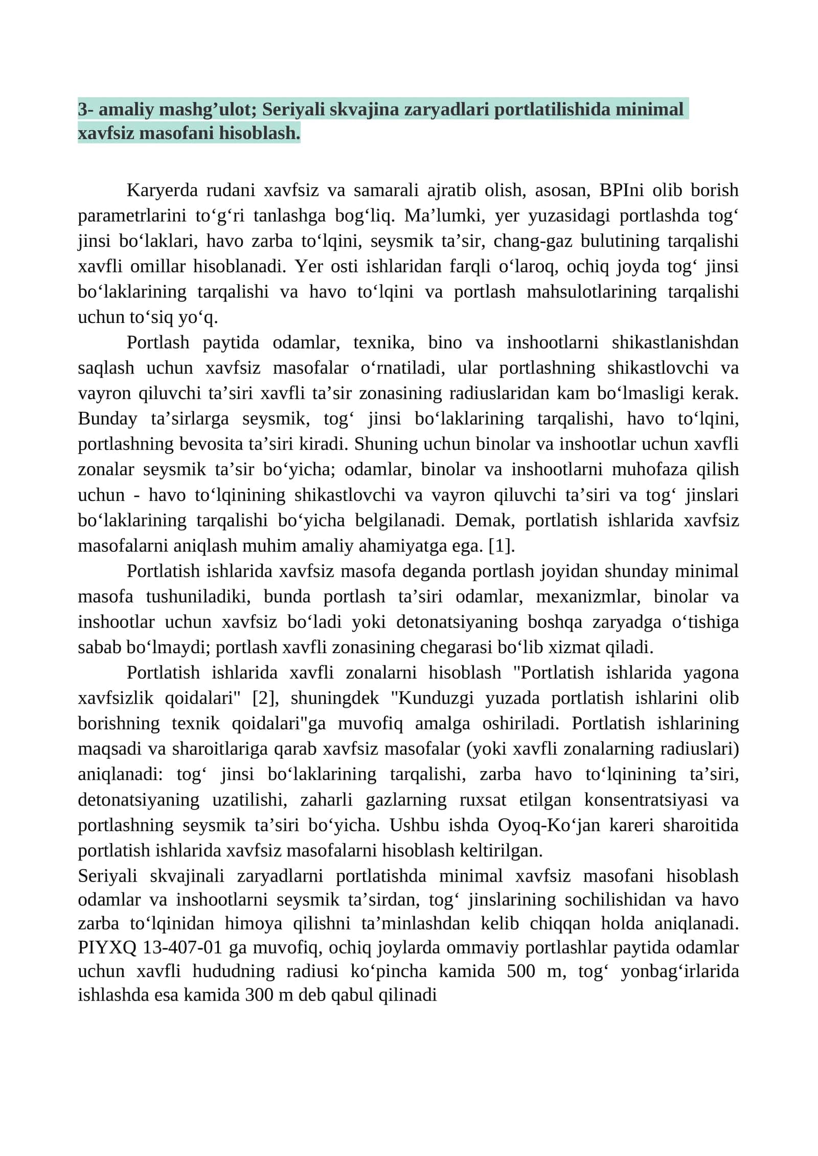 Seriyali skvajina zaryadlari portlatilishida minimal xavfsiz masofani hisoblash 1