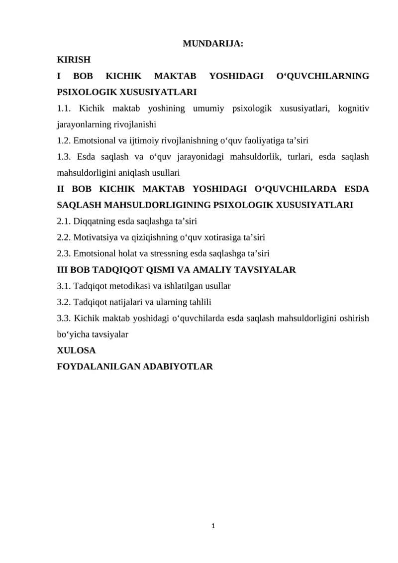 Kichik maktab yoshidagi o‘quvchilarda esda saqlash mahsuldorligi 1