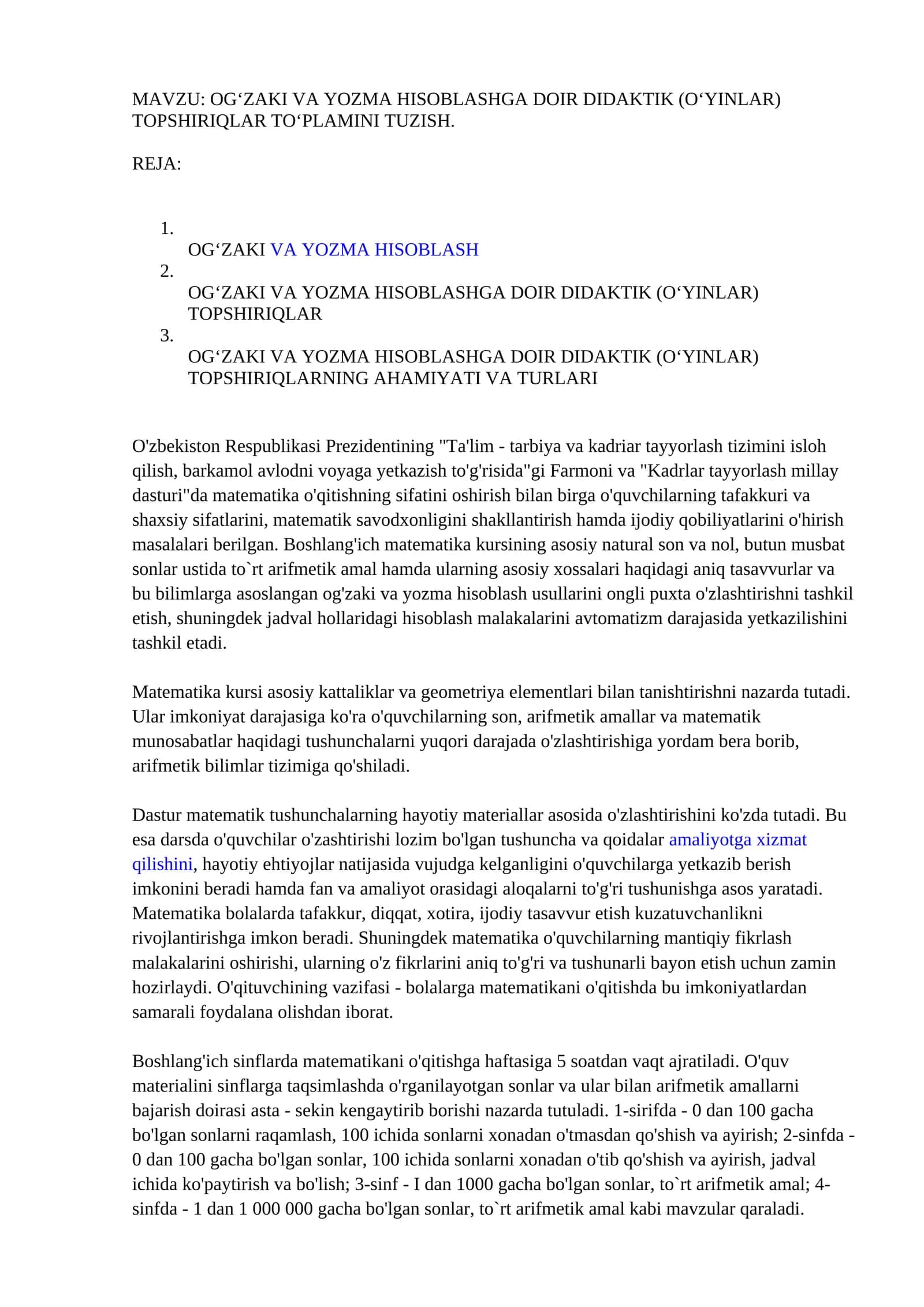 OG‘ZAKI VA YOZMA HISOBLASHGA DOIR DIDAKTIK (O‘YINLAR) TOPSHIRIQLAR TO‘PLAMI 1