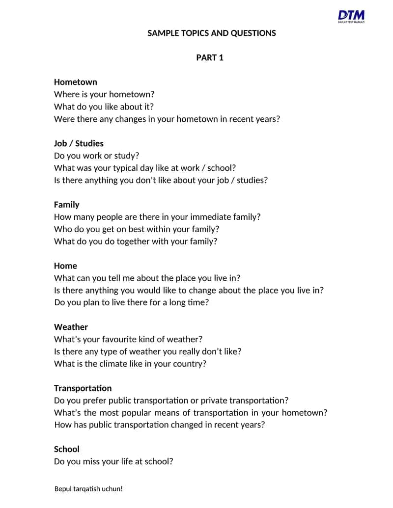SAMPLE TOPICS AND QUESTIONS 1