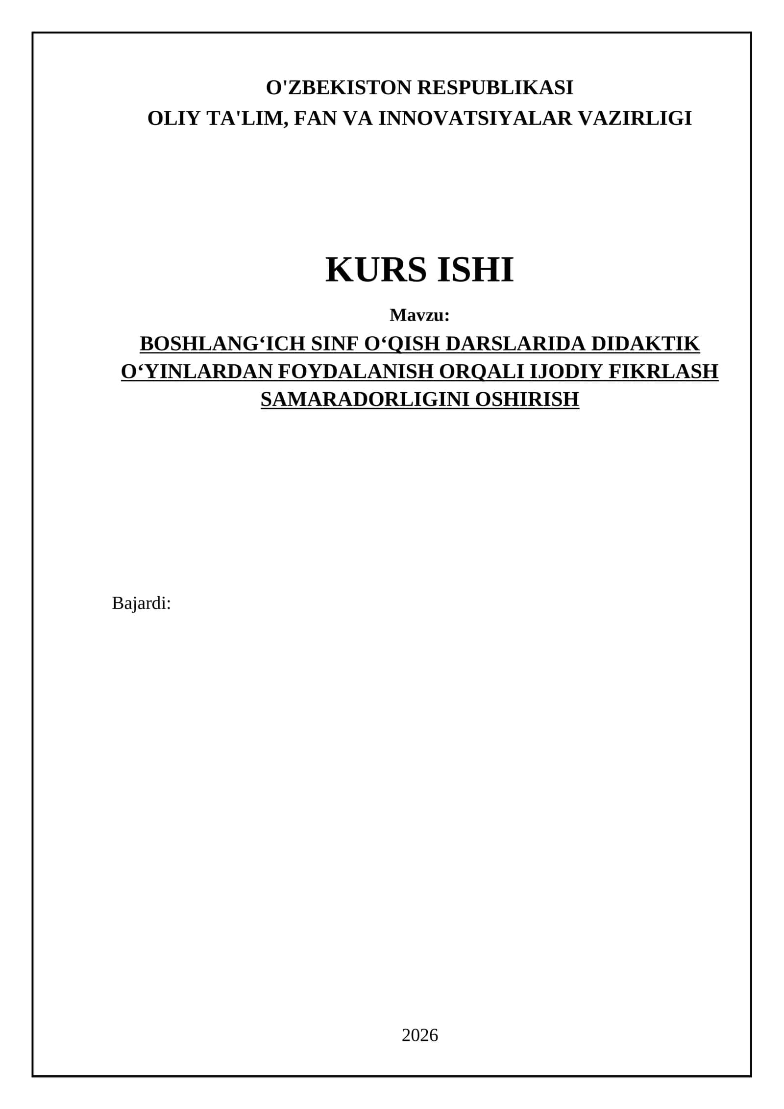 BOSHLANG‘ICH SINF O‘QISH DARSLARIDA DIDAKTIK O‘YINLARDAN FOYDALANISH ORQALI IJODIY FIKRLASH SAMARADORLIGINI OSHIRISH 1