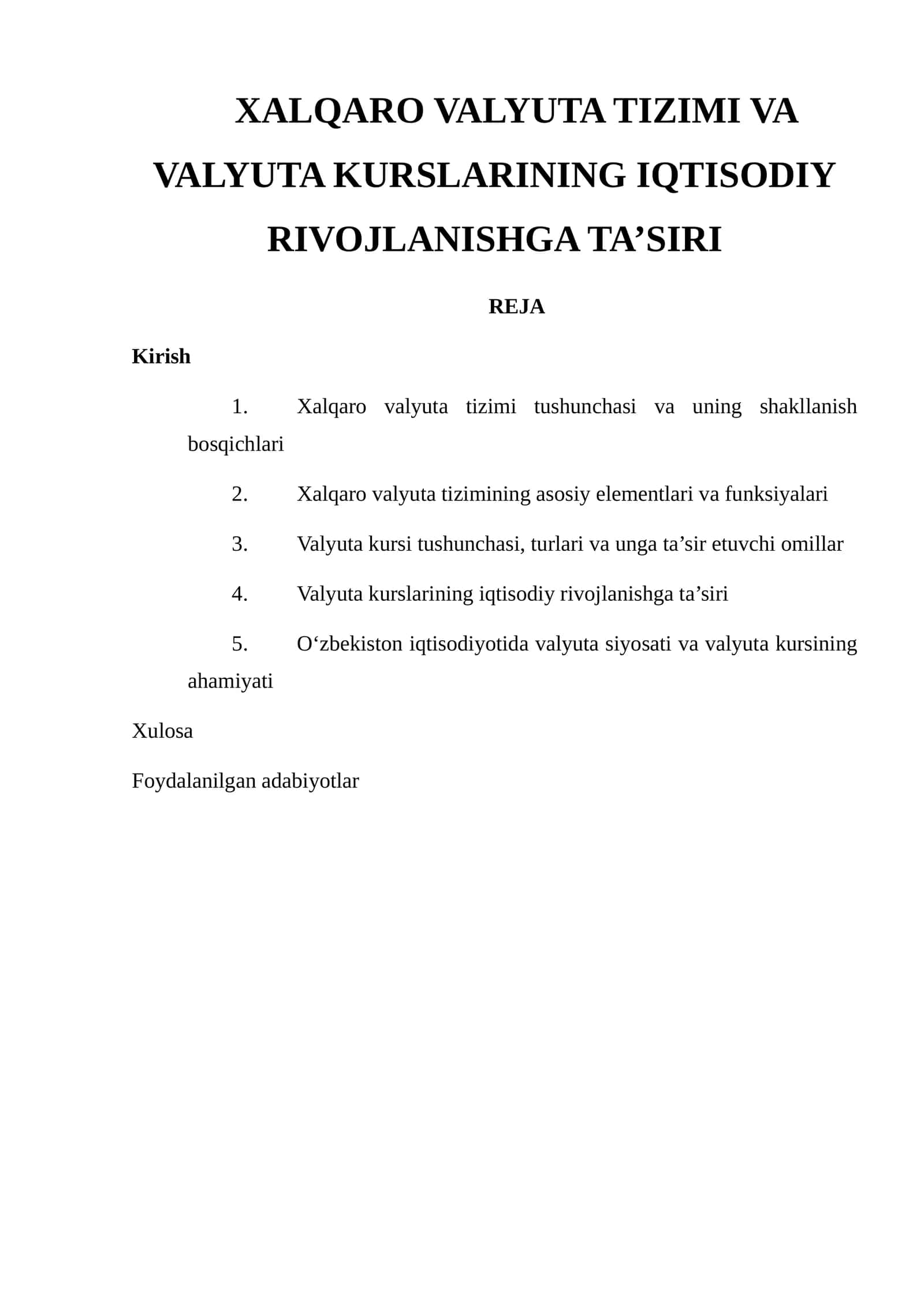 Xalqaro Valyuta Tizimi va Valyuta Kurslarining Iqtisodiy Rivojlanishga Ta’siri 1