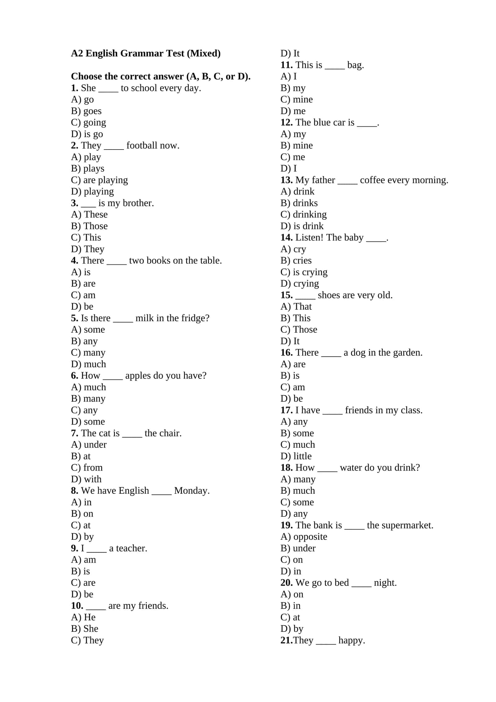 English grammar test a2 1