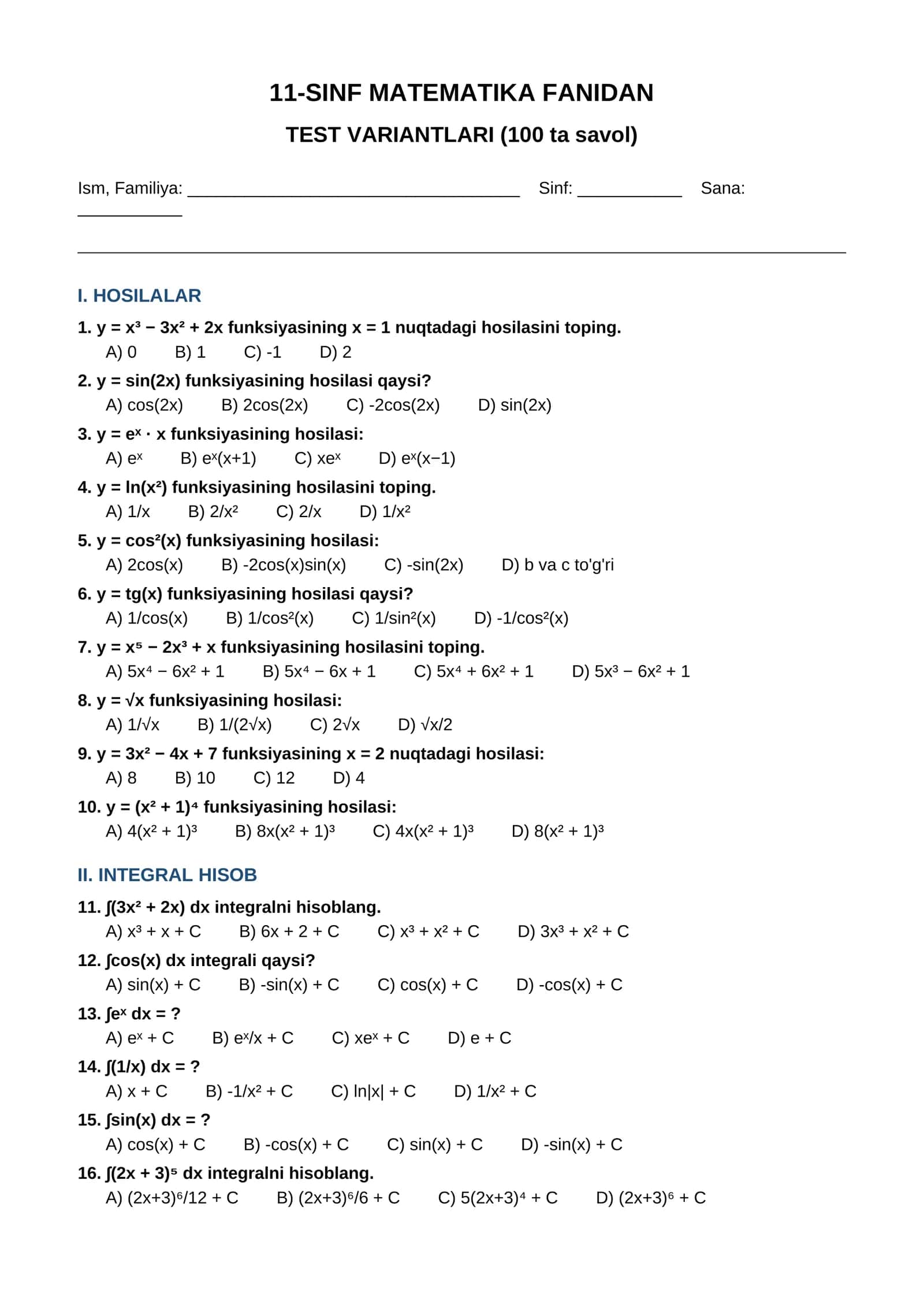 11-SINF MATEMATIKA FANIDAN TEST VARIANTLARI (100 ta savol) 1