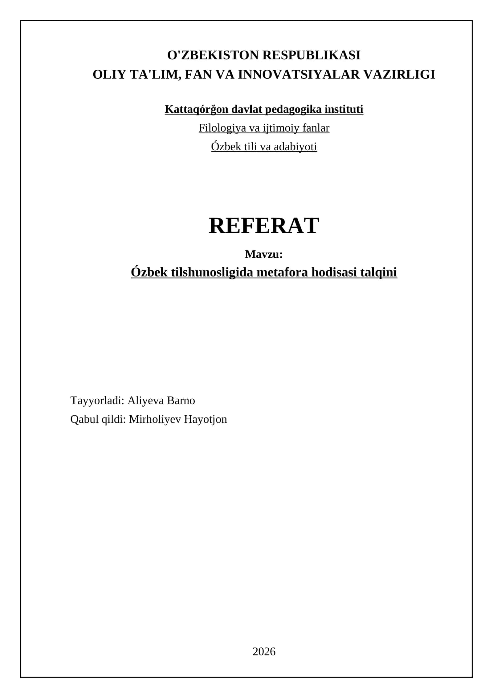 Ózbek tilshunosligida metafora hodisasi talqini 1
