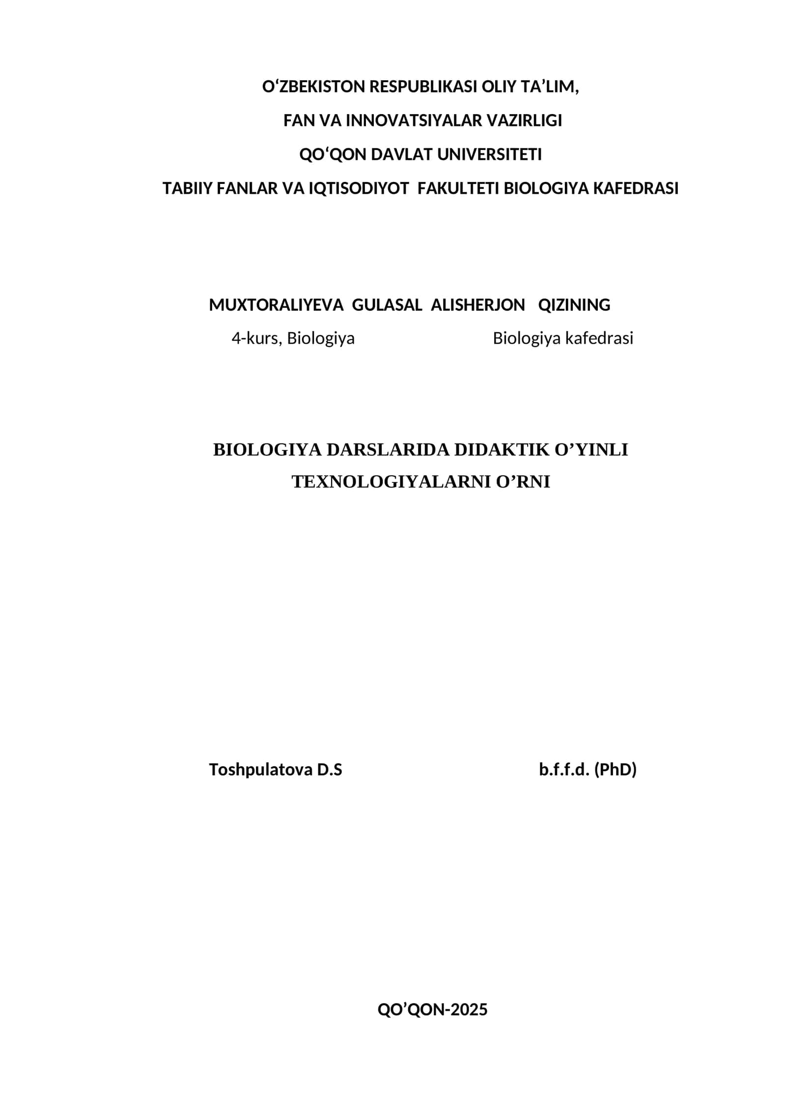 BIOLOGIYA DARSLARIDA DIDAKTIK O’YINLI TEXNOLOGIYALARNI O’RNI 1