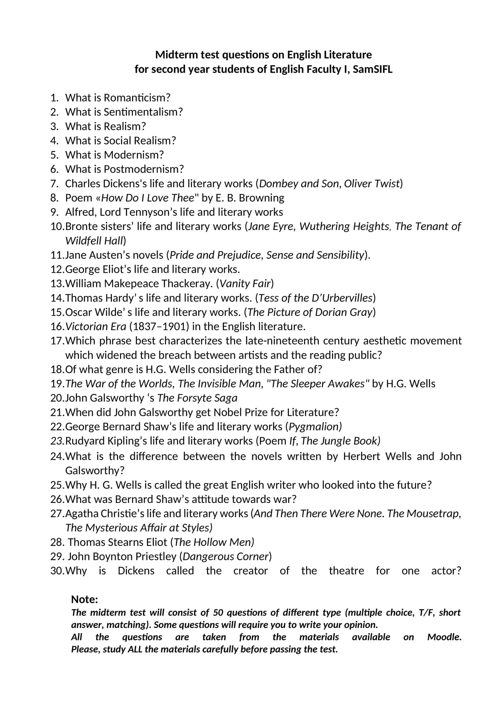 Midterm test questions on English Literature 1