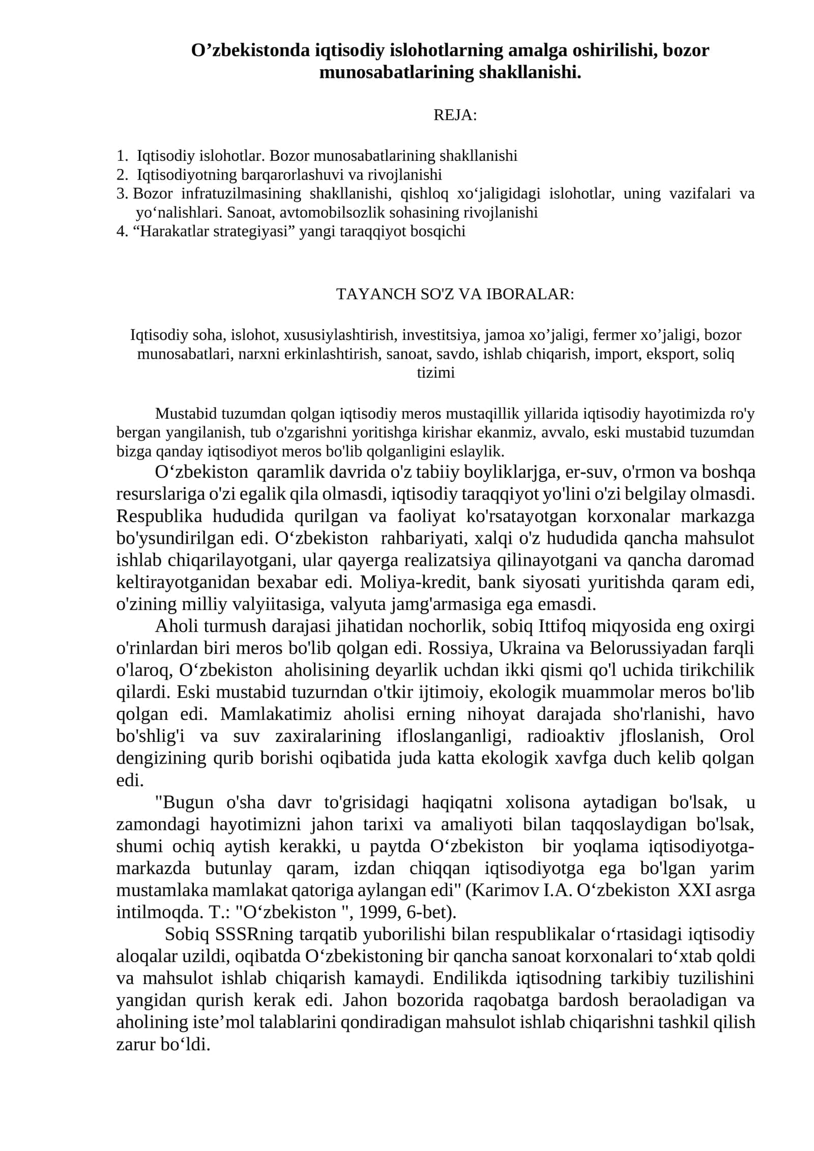 O’zbekistonda iqtisodiy islohotlarning amalga oshirilishi, bozor munosabatlarining shakllanishi 1