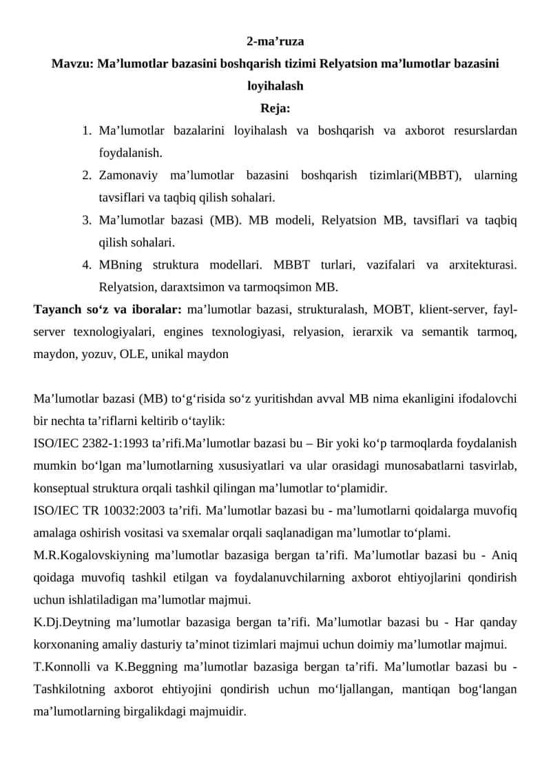 Ma’lumotlar bazasini boshqarish tizimi Relyatsion ma’lumotlar bazasini loyihalash 1