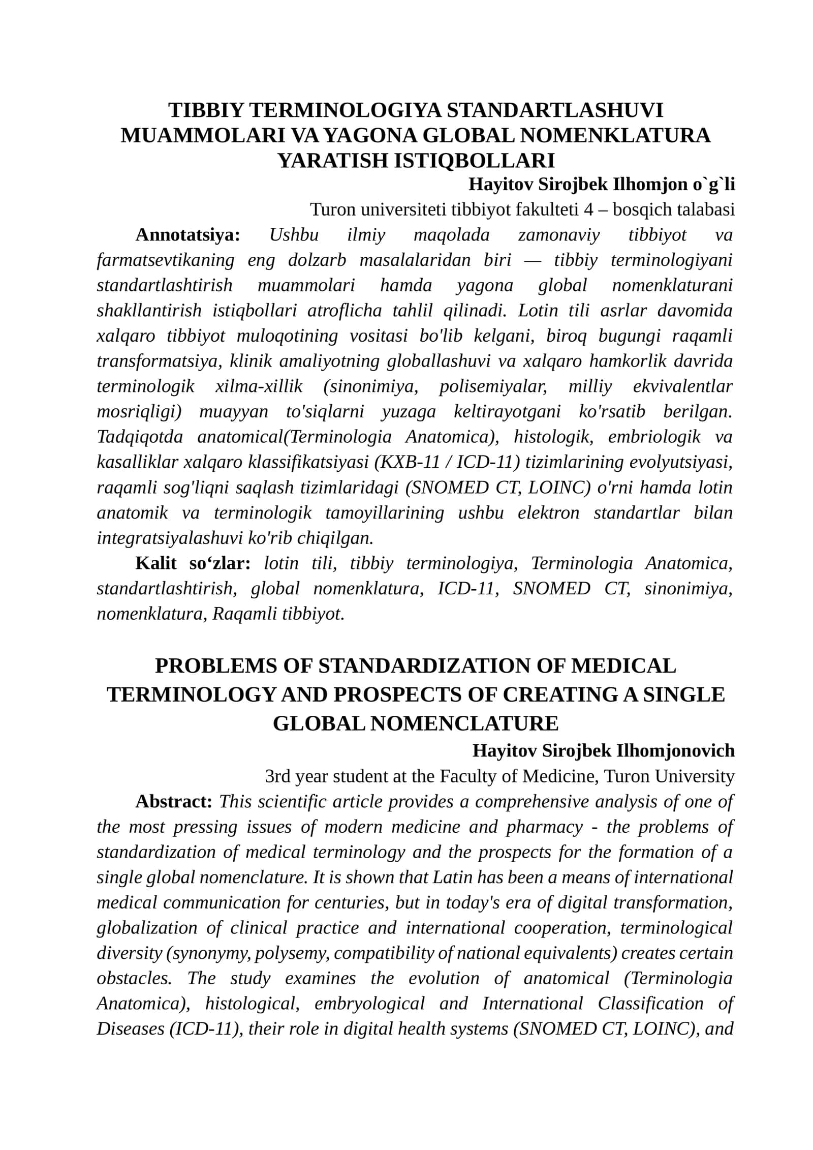 TIBBIY TERMINOLOGIYA STANDARTLASHUVI MUAMMOLARI VA YAGONA GLOBAL NOMENKLATURA YARATISH ISTIQBOLLARI 1