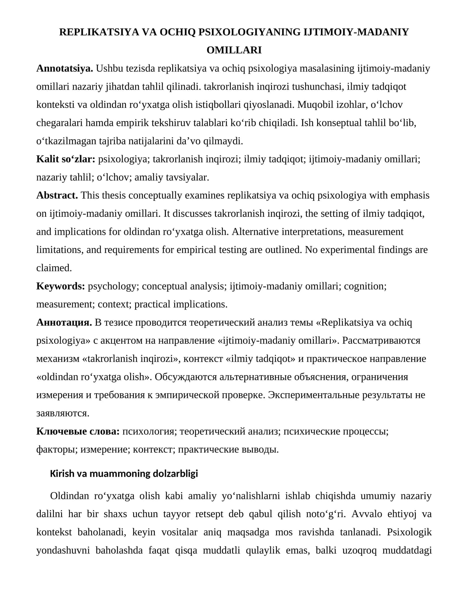 REPLIKATSIYA VA OCHIQ PSIXOLOGIYANING IJTIMOIY-MADANIY OMILLARI 1