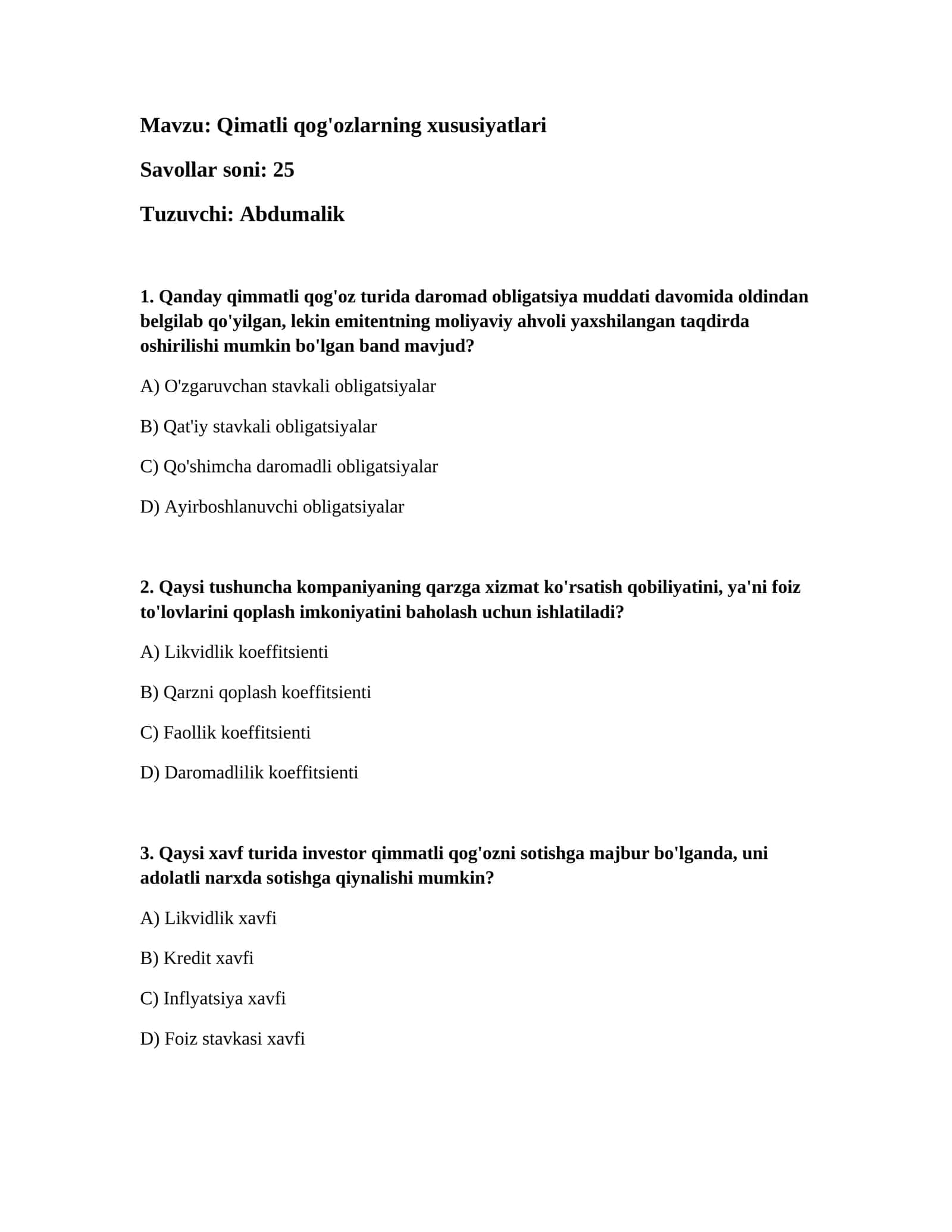 Qimatli qog'ozlarning xususiyatlari 1
