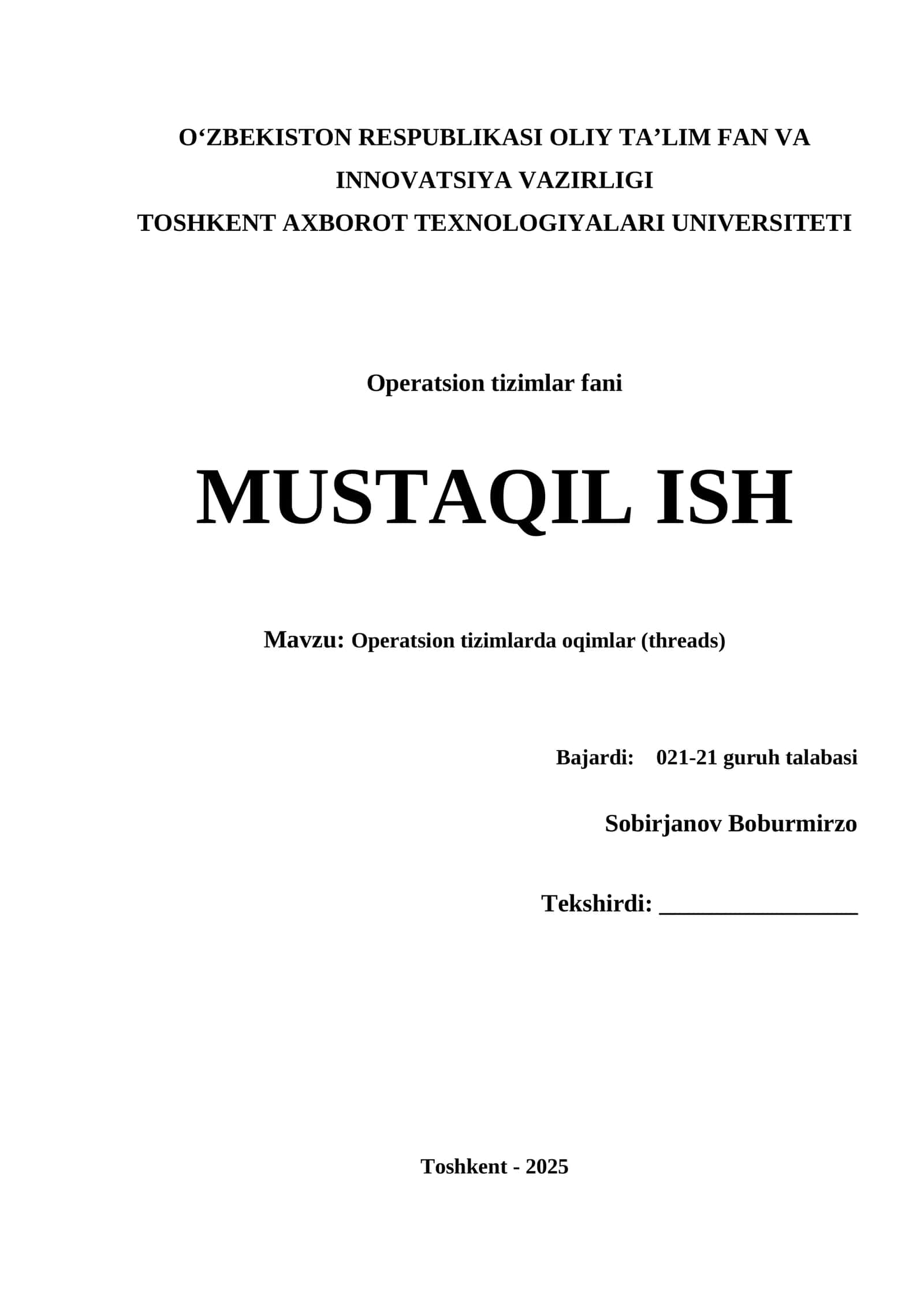 OPERATSION TIZIMLARDA OQIMLAR (THREADS) HAQIDA MA’LUMOT KELTIRING 1