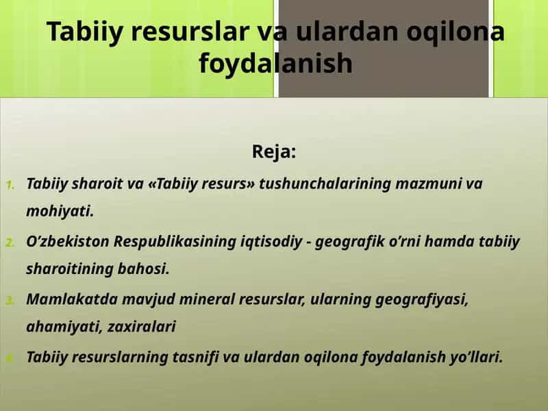 Tabiiy resurslar va ulardan oqilona foydalanish 1