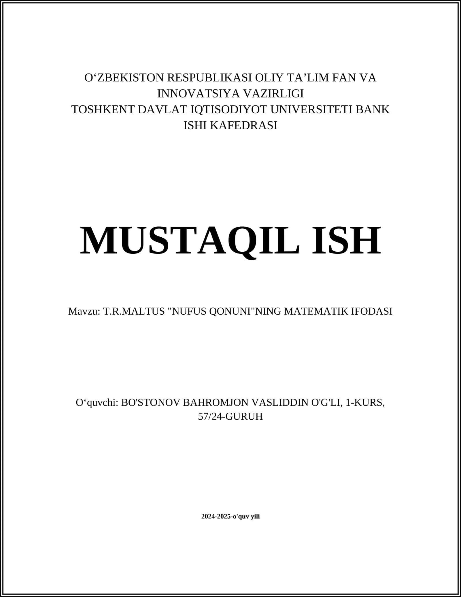 T.R.MALTUS "NUFUS QONUNI"NING MATEMATIK IFODASI 1