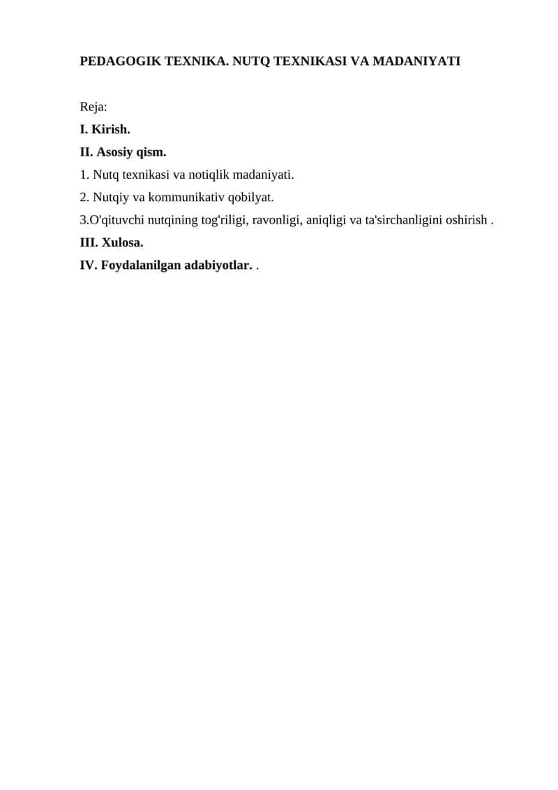 PEDAGOGIK TEXNIKA. NUTQ TEXNIKASI VA MADANIYATI 1