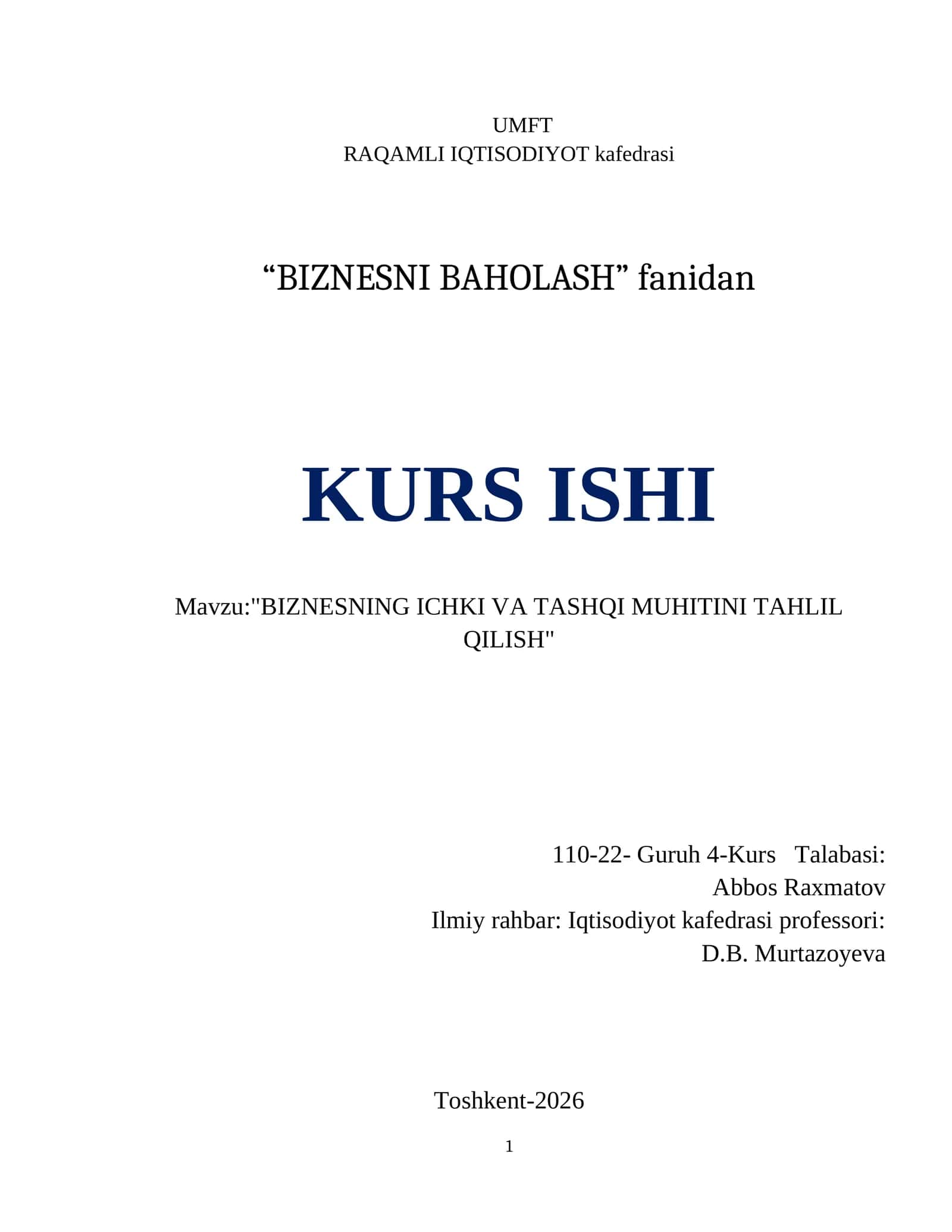 RAQAMLI IQTISODIYOT "BIZNESNI BAHOLASH" KURS ISHI 1