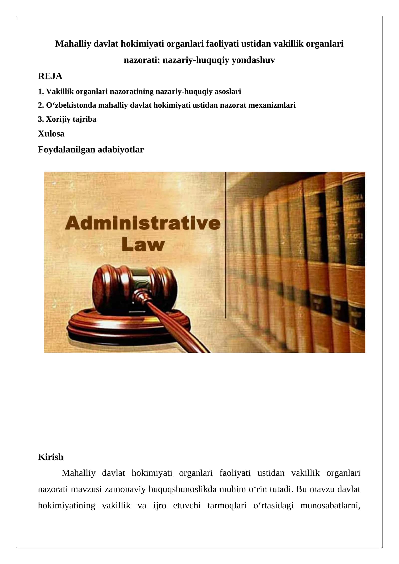 Mahalliy davlat hokimiyati organlari faoliyati ustidan vakillik organlari nazorati: nazariy-huquqiy yondashuv 1
