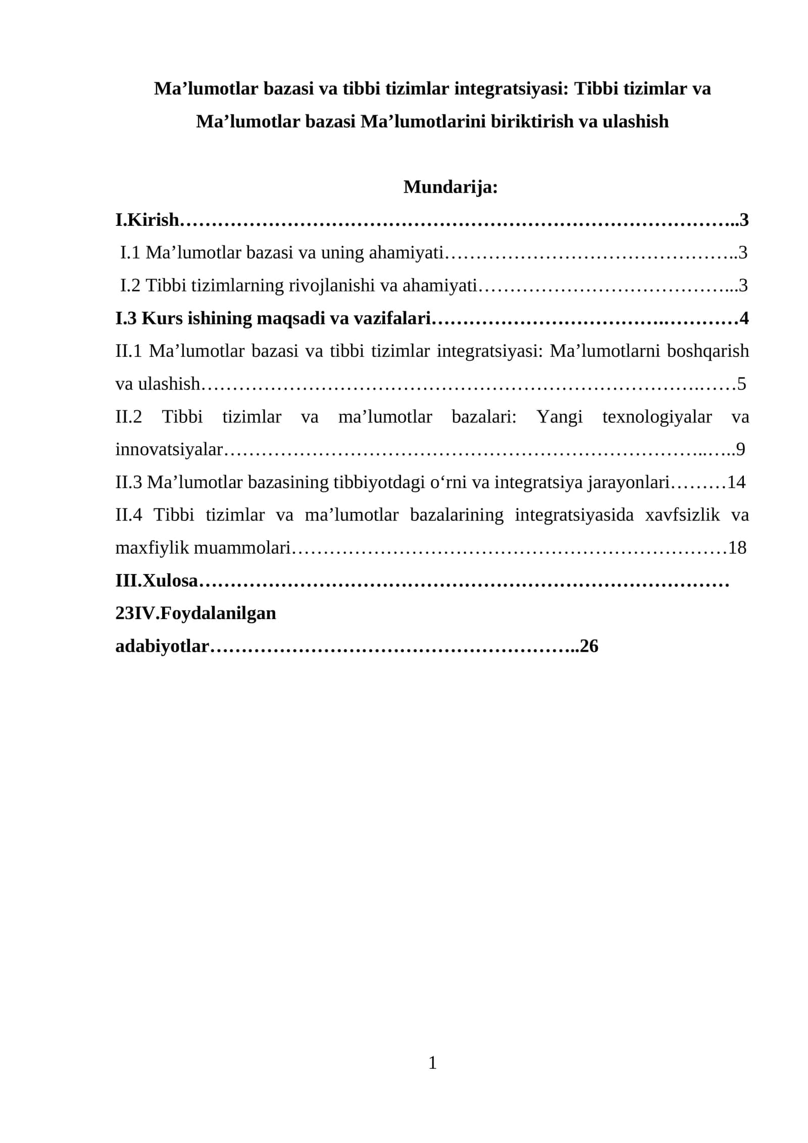 Ma’lumotlar bazasi va tibbi tizimlar integratsiyasi: Tibbi tizimlar va Ma’lumotlar bazasi Ma’lumotlarini biriktirish va ulashish 1