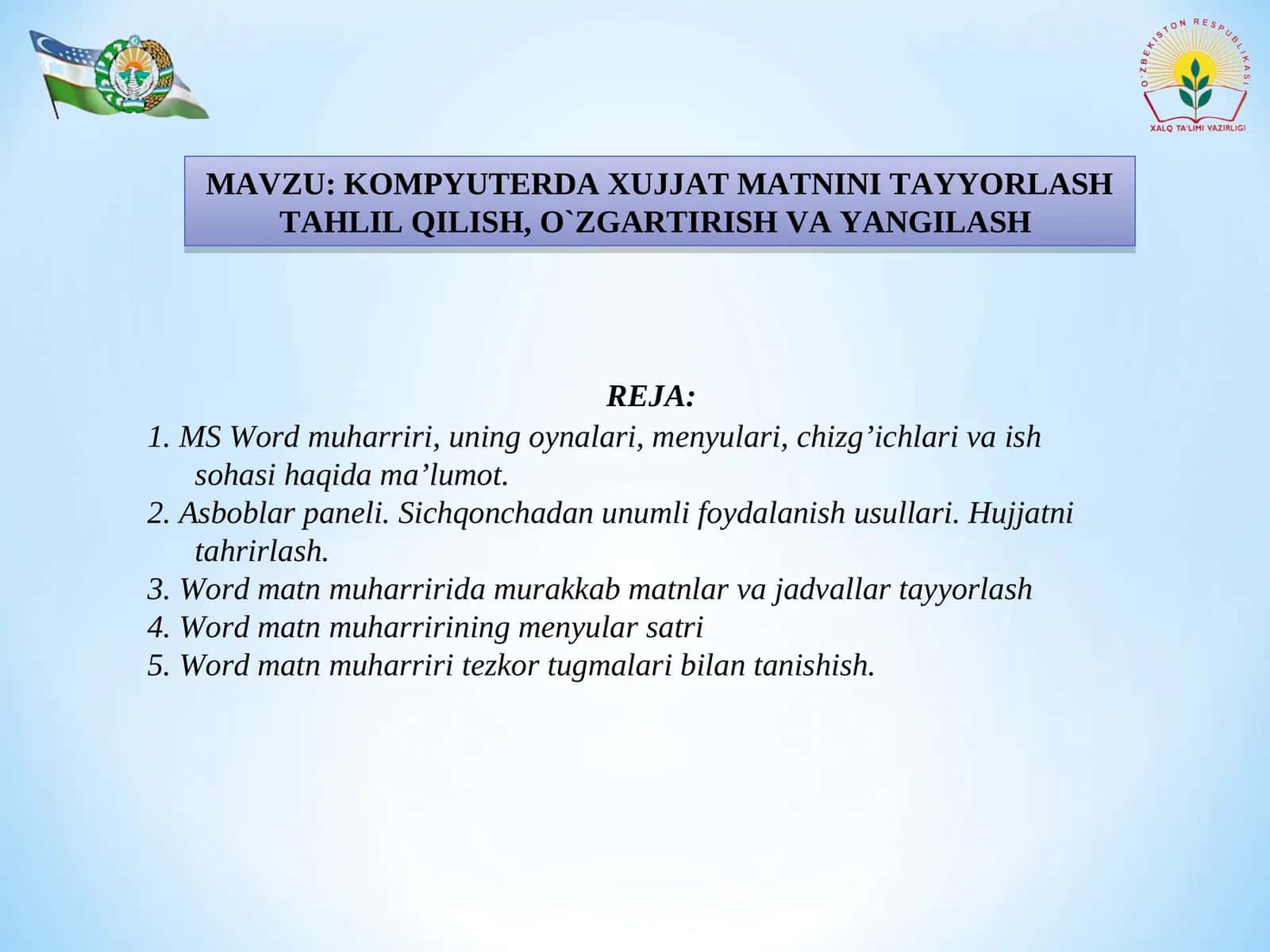 MS Word muharriri, uning oynalari, menyulari, chizg’ichlari va ish sohasi haqida ma’lumot 1