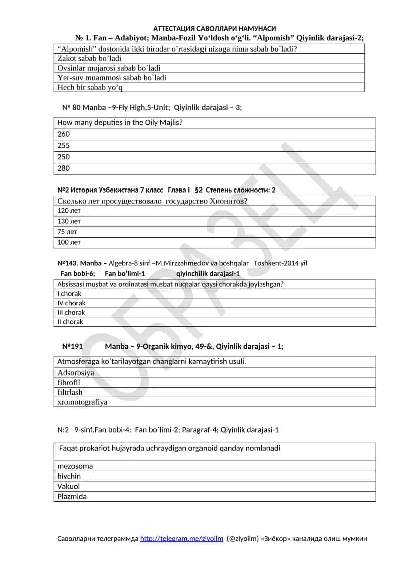 ATTESTATION SAVOLLARI NAMUNASI 1