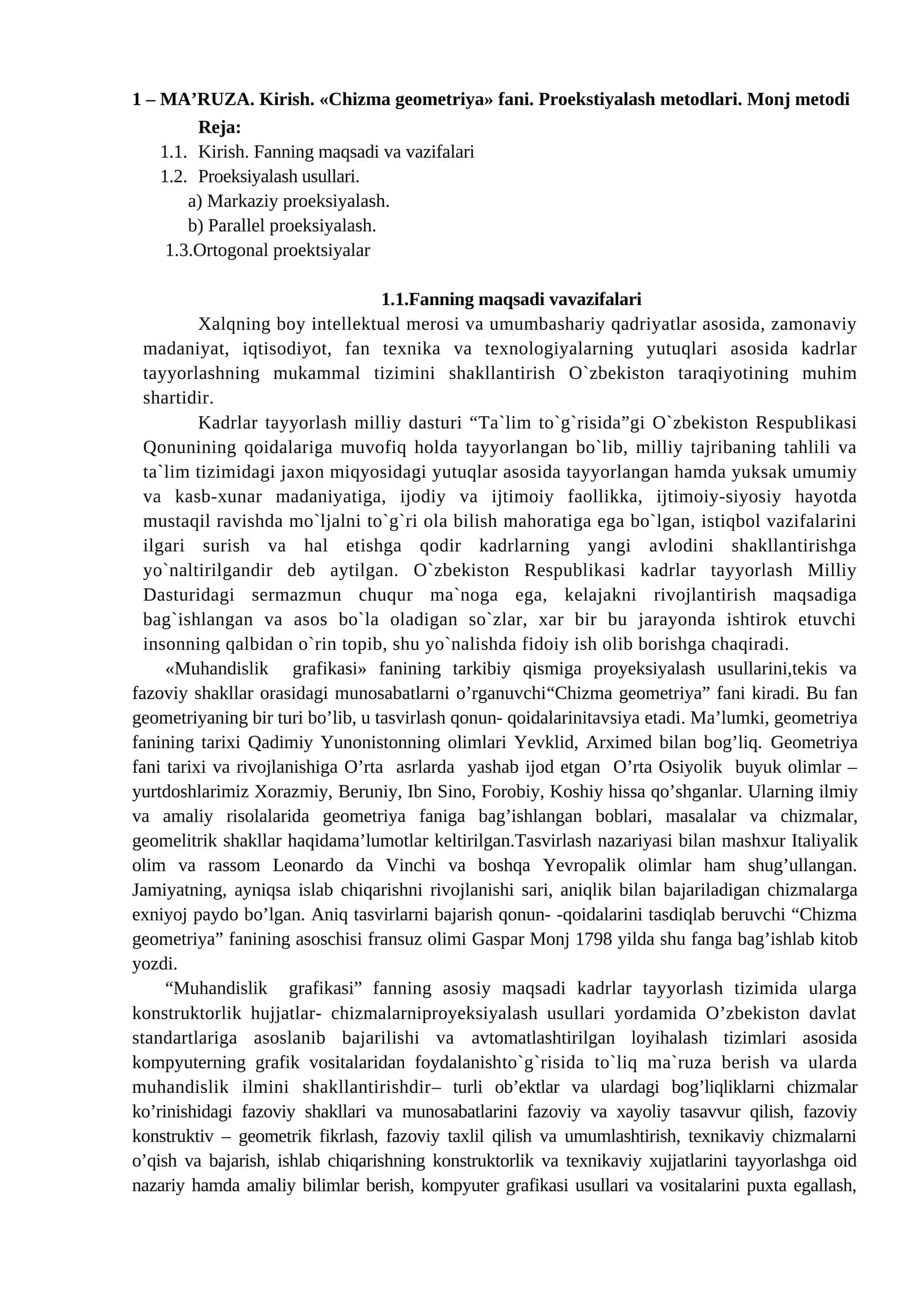 Chizma geometriya fani. Proekstiyalash metodlari. Monj metodi 1