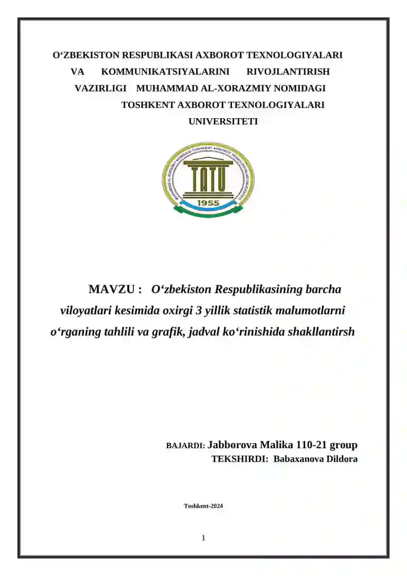 O‘zbekiston Respublikasi barcha viloyatlarining statistik malumoti 1