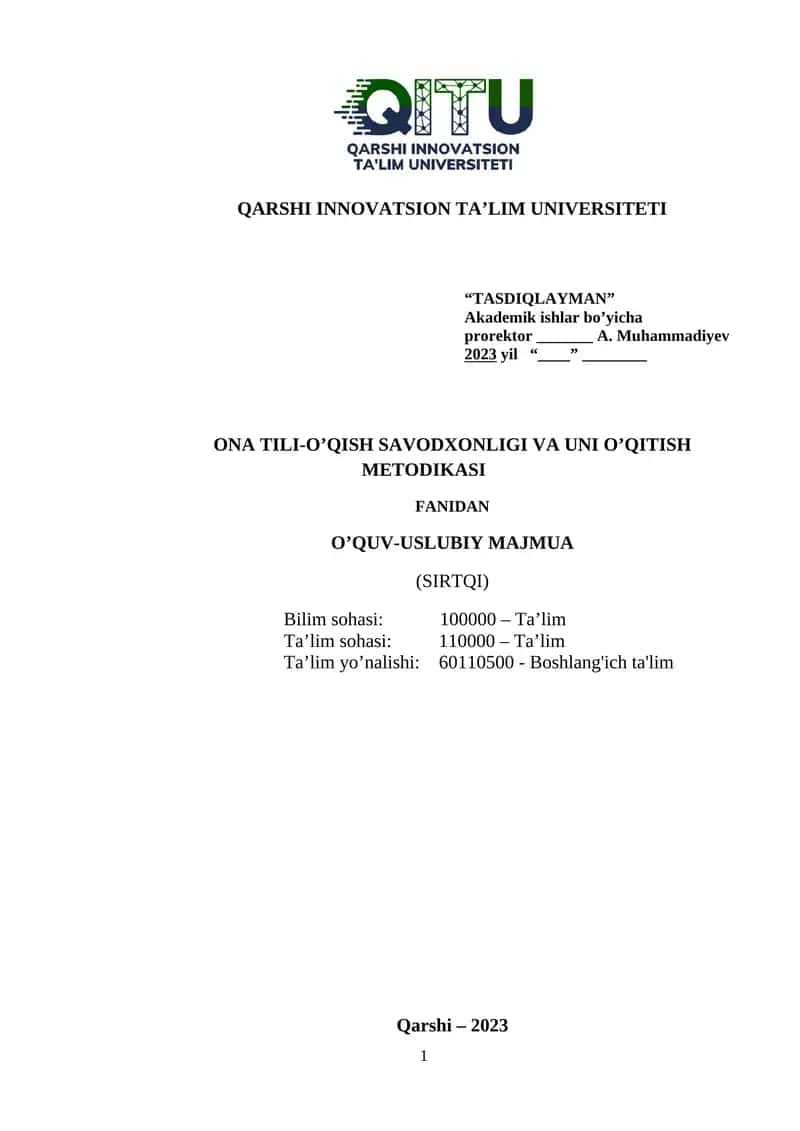 ONA TILI-O’QISH SAVODXONLIGI VA UNI O’QITISH METODIKASI 1