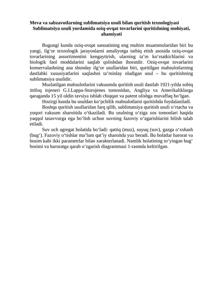 Meva va sabzavotlarning sublimatsiya usuli bilan quritish texnologiyasi 1