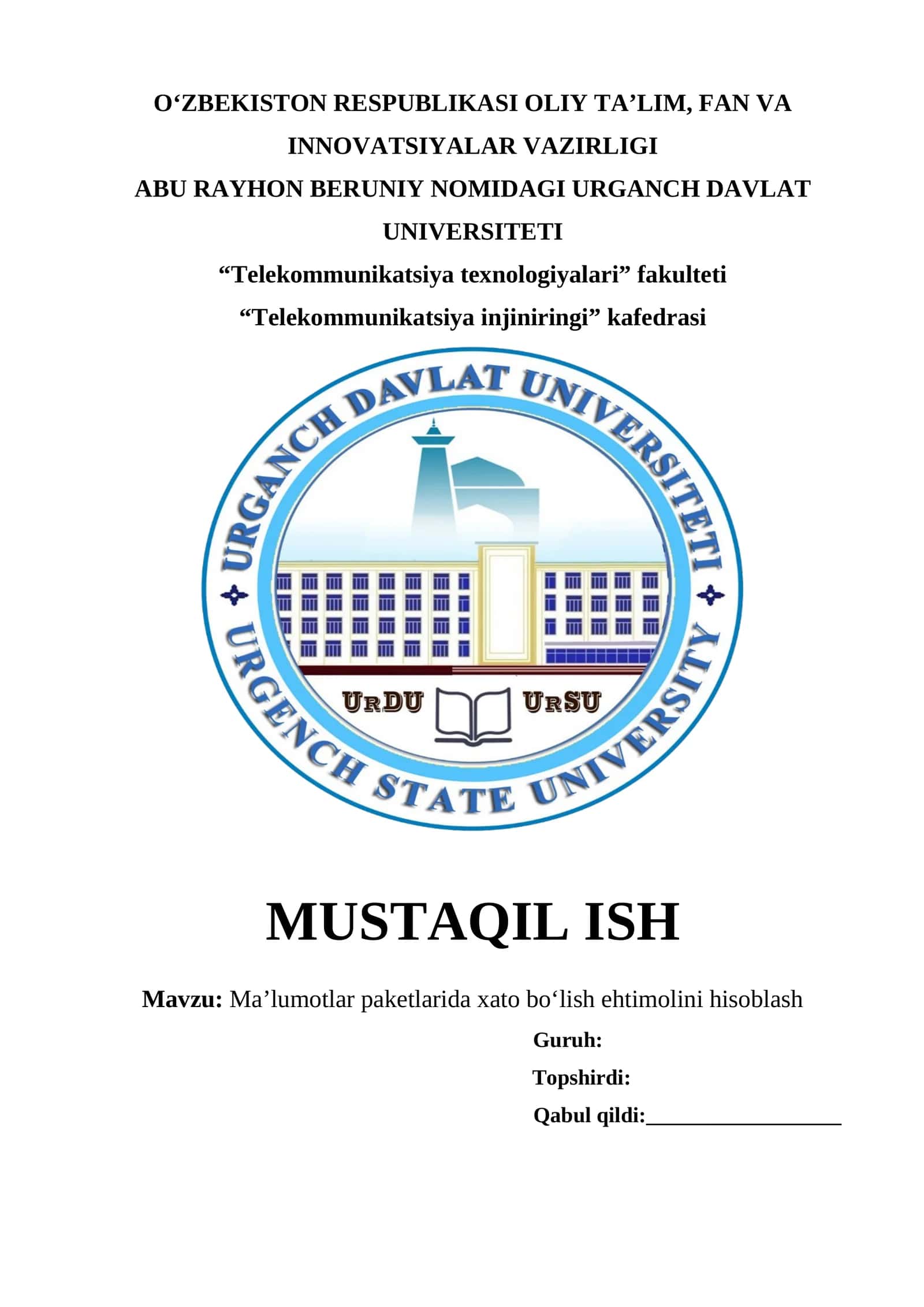 Ma’lumotlar paketlarida xato bo‘lish ehtimolini hisoblash 1