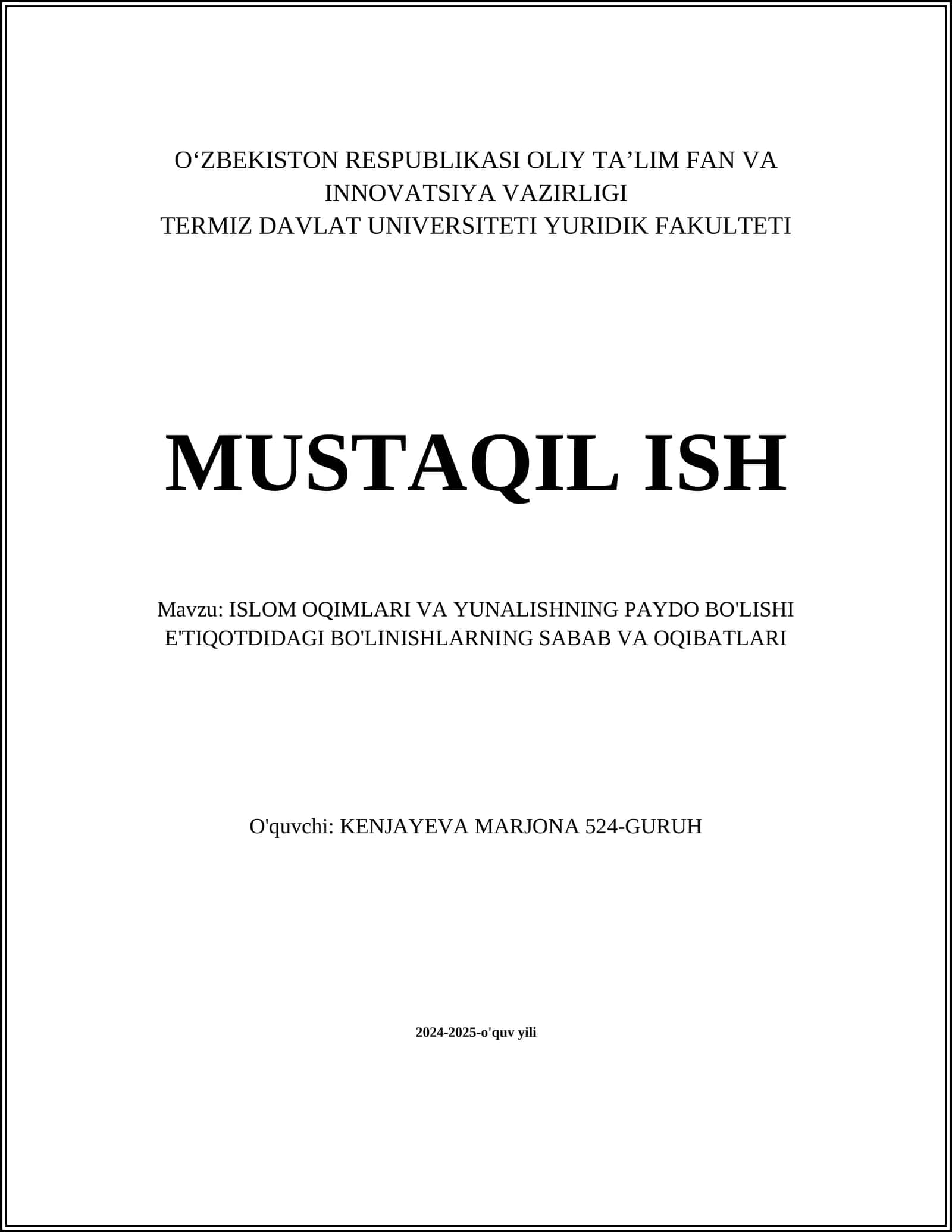 ISLOM OQIMLARI VA YUNALISHNING PAYDO BO'LISHI E'TIQOTDIDAGI BO'LINISHLARNING SABAB VA OQIBATLARI 1