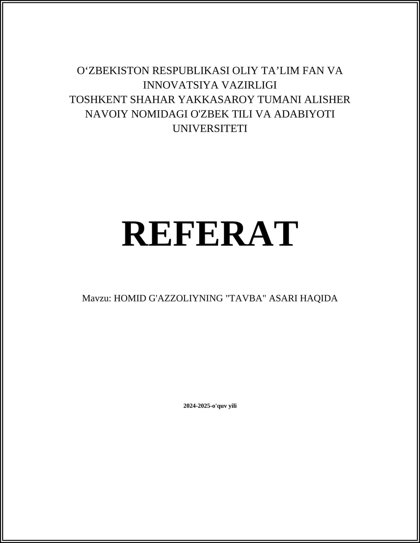 HOMID G'AZZOLIYNING "TAVBA" ASARI HAQIDA 1