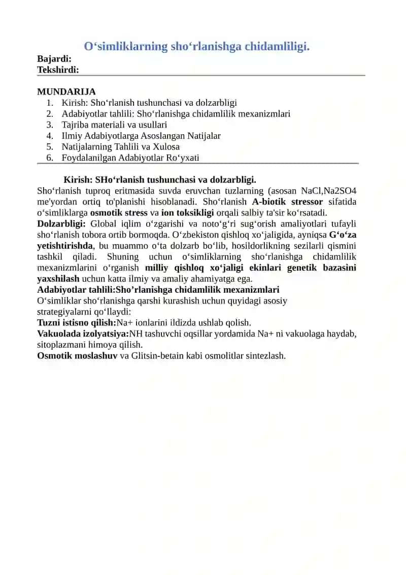 Oʻsimliklarning shoʻrlanishga chidamliligi. 1