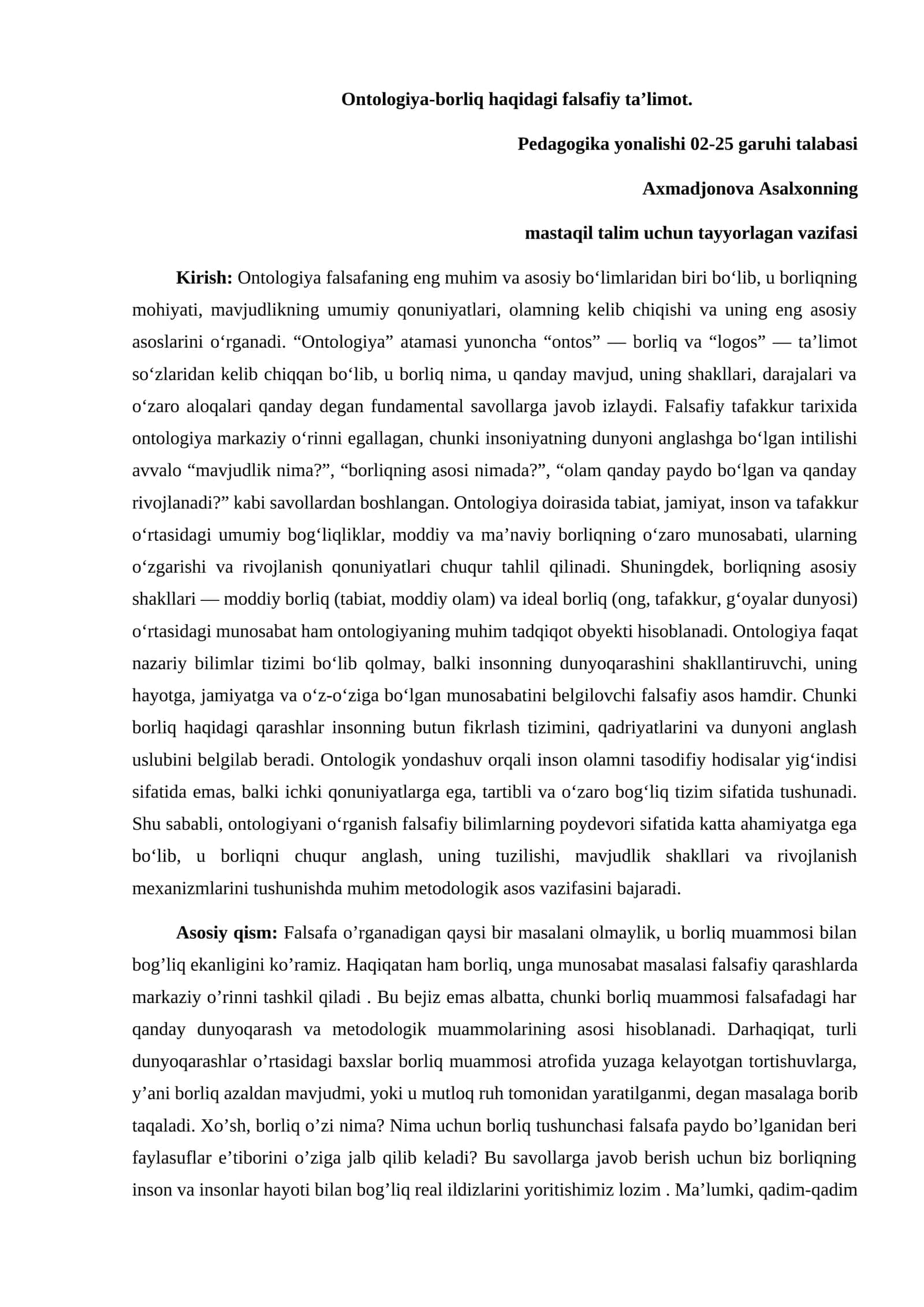 Ontologiya-borliq haqidagi falsafiy ta’limot 1