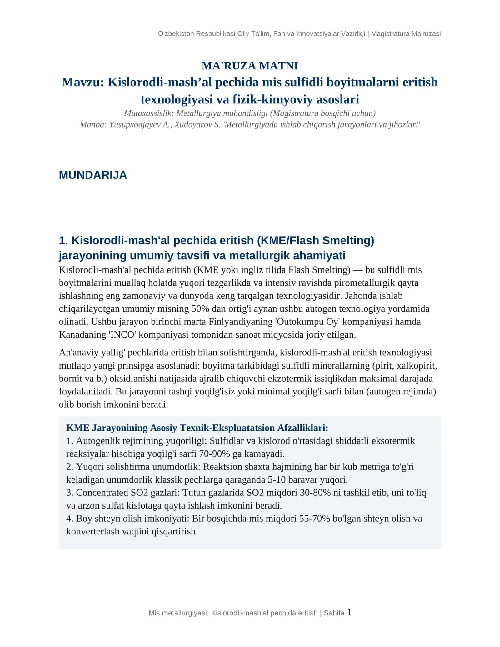 Kislorodli-mash'al pechida mis sulfidli boyitmalarni eritish texnologiyasi 1