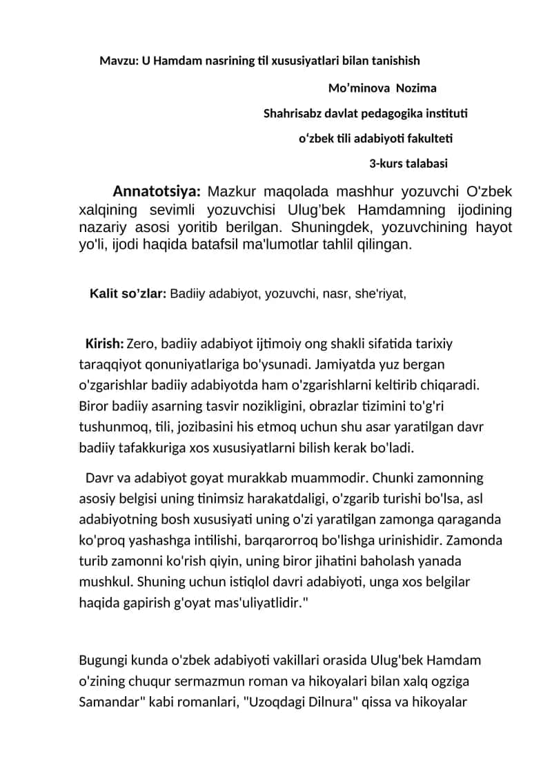 U Hamdam nasrining til xususiyatlari bilan tanishish 1